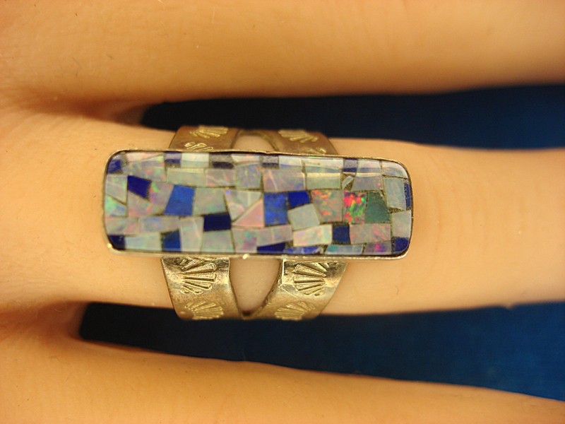 Vintage Jay King Desert Rose Sterling Silver Opal & Lapis Mosaic Ring (Size 6)