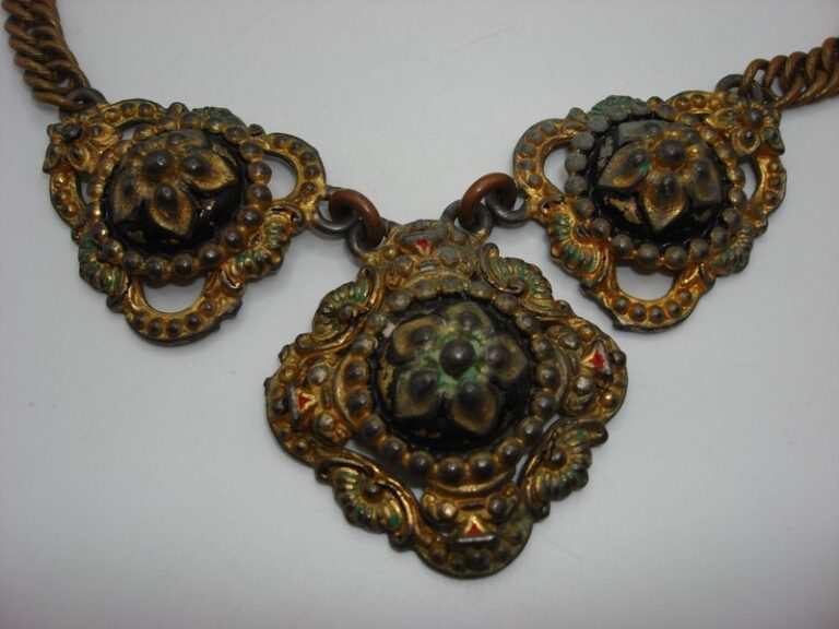 Vintage Czech enamel choker necklace, 1920s-30s, antique gold and black floral design, 16 inches