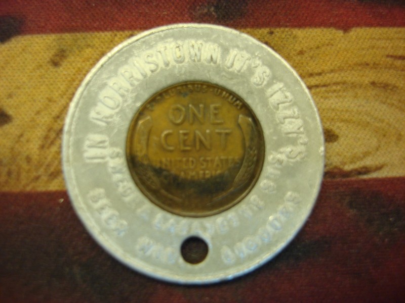 Vintage 1946 Izzy's Norristown PA Token, Encased Lincoln Cent Keychain