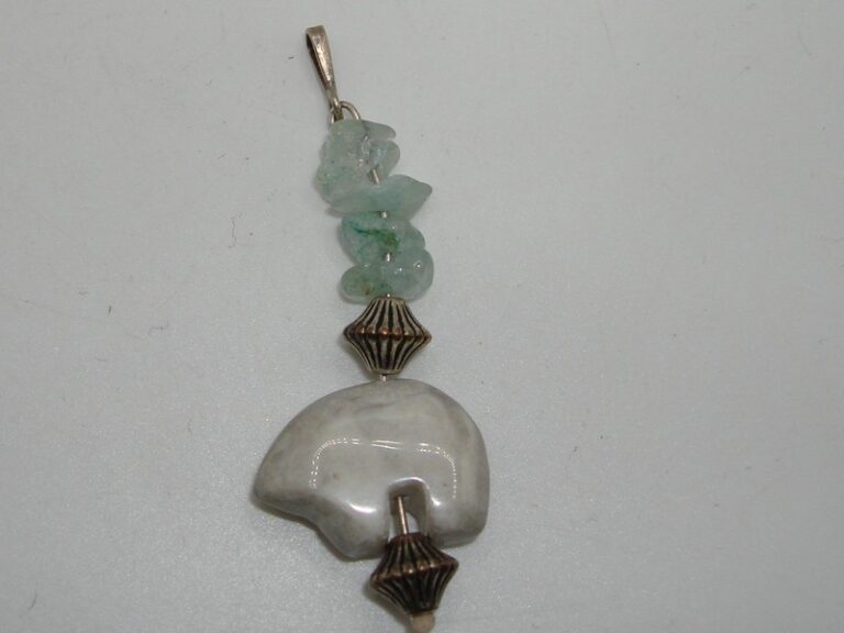 Vintage Native American 935 Sterling Silver Carved Jadeite Bear Pendant with Chrysoprase Accents