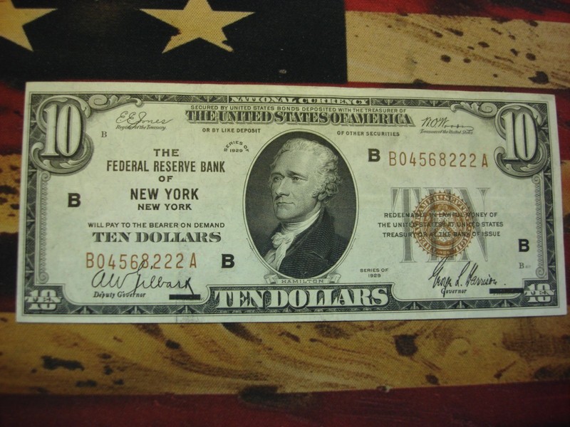 1929 $10 National Currency Note, Federal Reserve Bank of New York, Depression Era