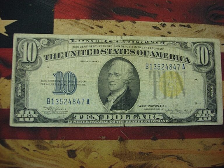 1934 A $10 Silver Certificate with a Yellow Seal, used in North Africa and Europe during WWII.