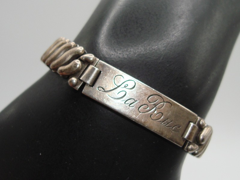 Vintage Pittman & Keeler sterling silver sweetheart expansion bracelet engraved with 'La Rue' and 'LOVE ALEX'