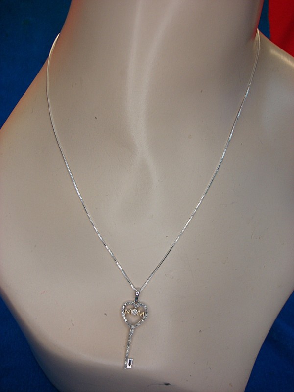 Sterling silver diamond mom key pendant with chain