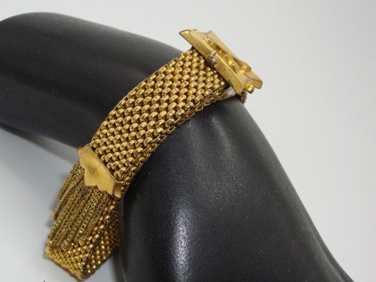 Antique Victorian 9K gold-plated mesh slide bracelet with fringe
