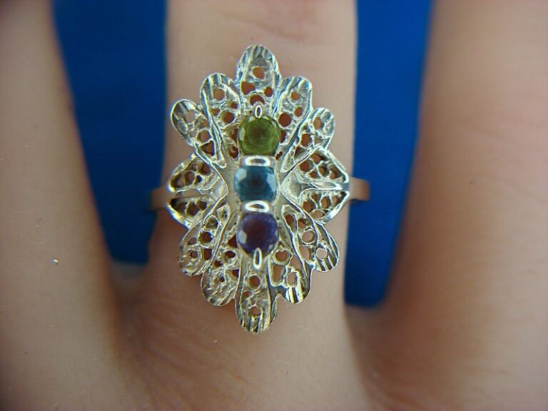 Sterling silver filigree ring with peridot, aqua, and amethyst gemstones