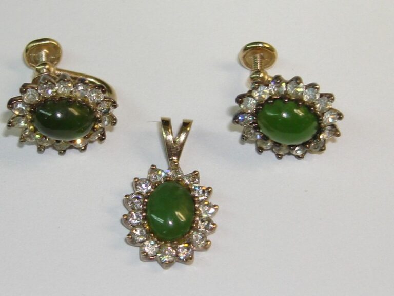 Vintage 14K Gold Electroplate Jade & Rhinestone Pendant & Earrings Set