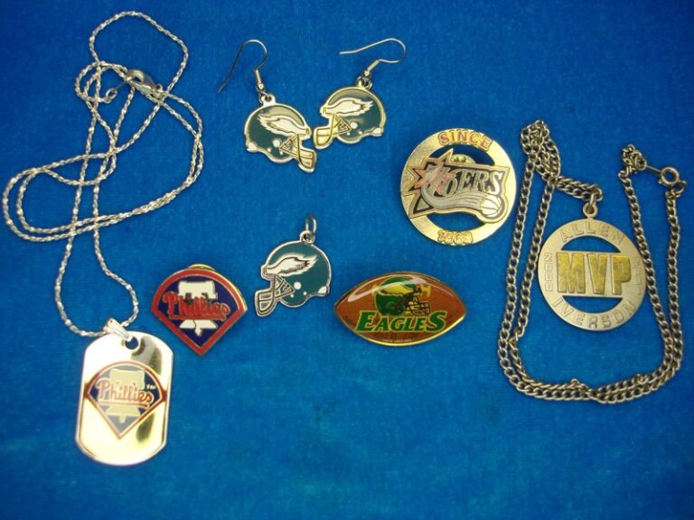 Philadelphia sports fan jewelry collection featuring Phillies and Allen Iverson MVP pendants