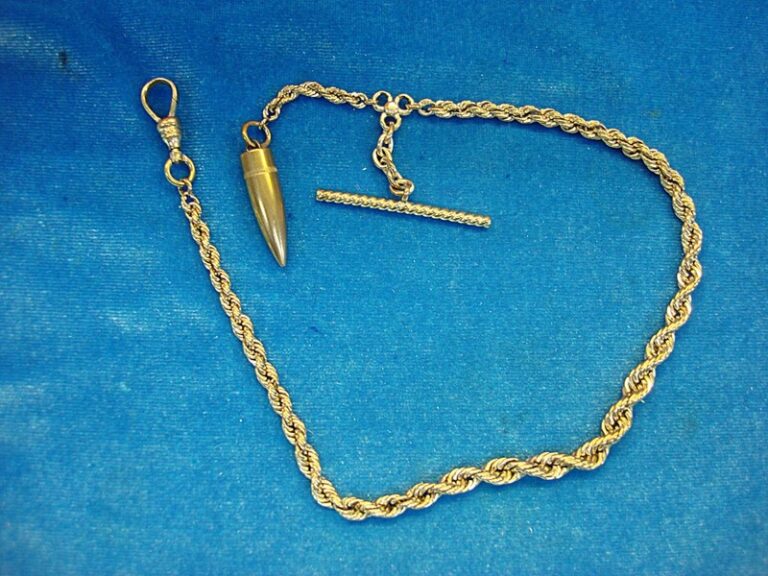 Vintage 12K Gold Filled Rope Watch Chain with T-Bar and .30 Cal Bullet Charm