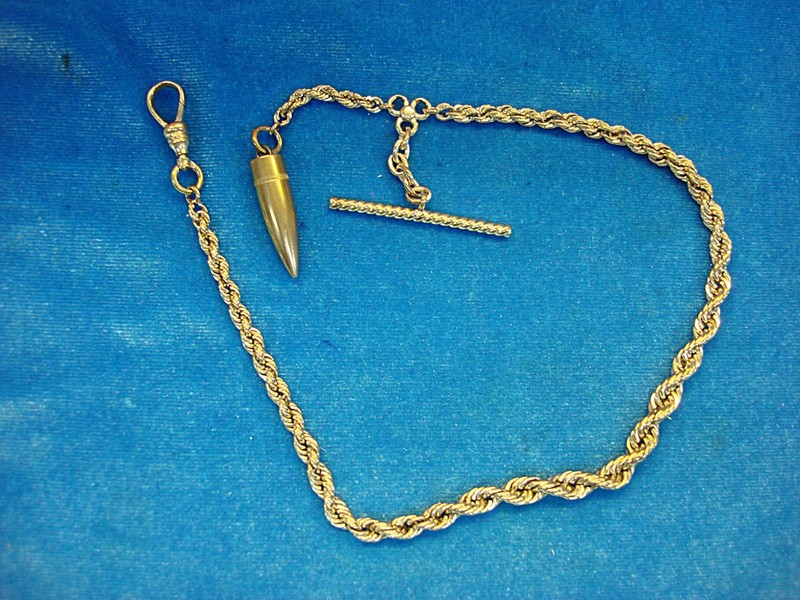 Vintage 12K Gold Filled Rope Watch Chain with T-Bar and .30 Cal Bullet Charm