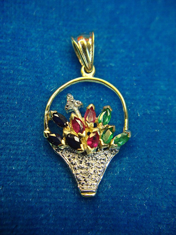 10K Yellow Gold Floral Basket Pendant with Sapphires, Rubies & Emeralds