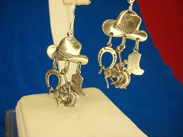 Sterling silver dangle earrings with cowboy hat, horseshoe, and bronco design