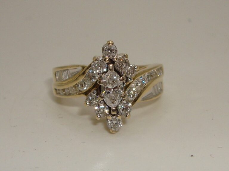 14K Gold Diamond Ring with Marquise and Baguette Cut Diamonds