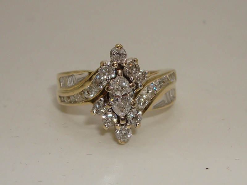 14K Gold Diamond Ring with Marquise and Baguette Cut Diamonds