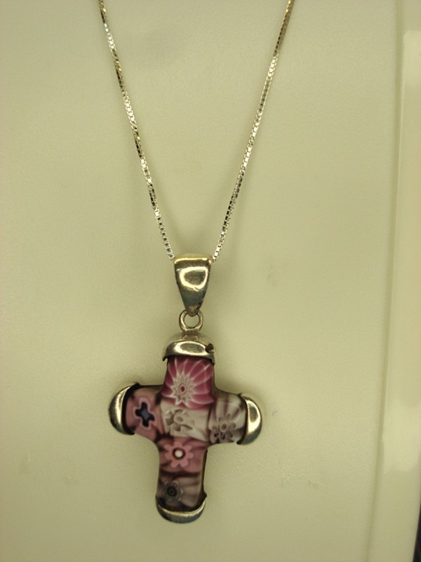 Vintage Sterling Silver Millefiori Cross Necklace