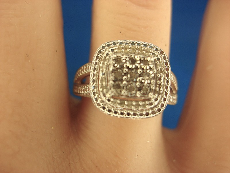 Sterling silver filigree diamond ring, size 6.75