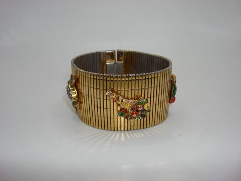 Vintage 1970s gold-tone mesh fruit bracelet with enamel, signed, 7 inches