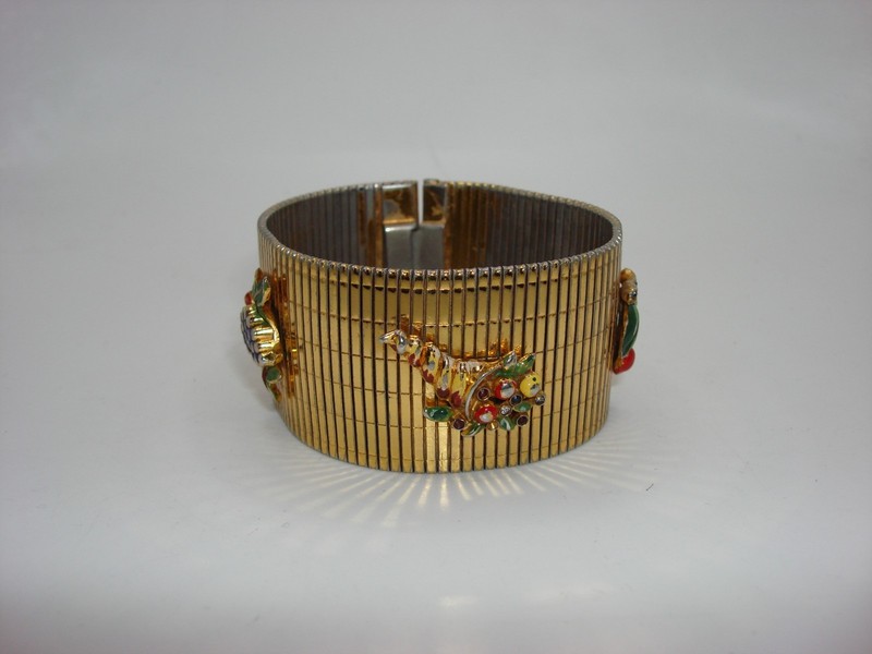 Vintage 1970s gold-tone mesh fruit bracelet with enamel, signed, 7 inches