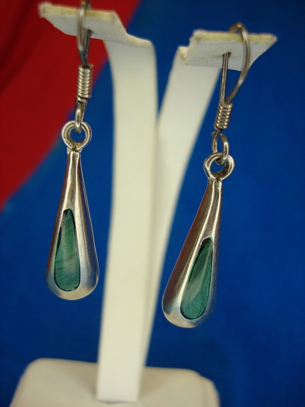Vintage sterling silver malachite dangle earrings with teardrop design