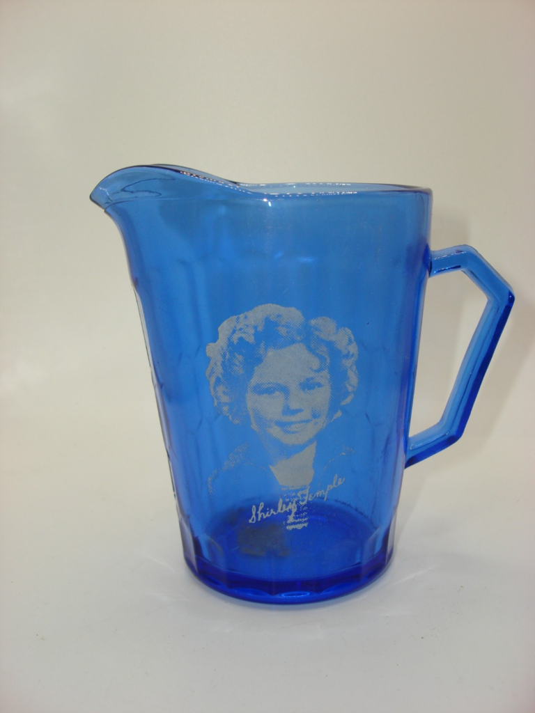 Vintage 1930s Hazel Atlas Blue Depression Glass Shirley Temple Pitcher