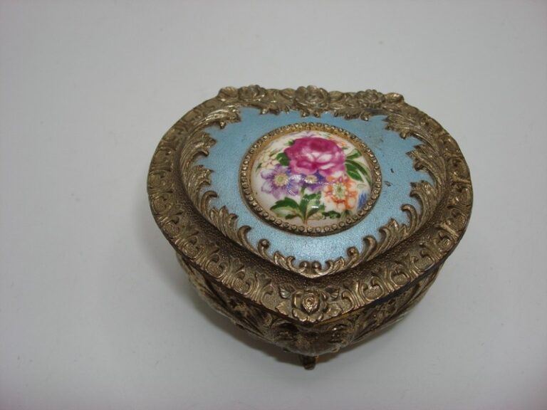 Vintage heart-shaped enameled trinket box with hand-painted porcelain and red velvet lining