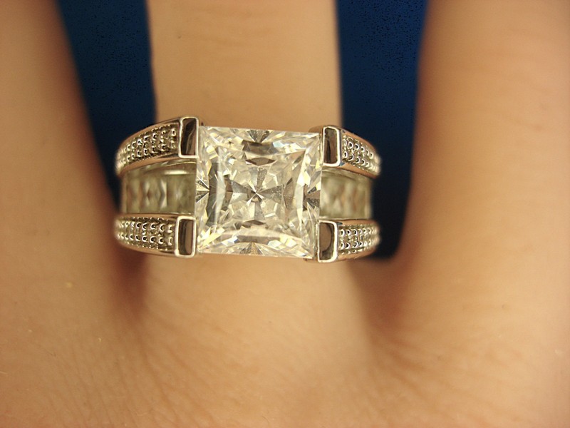 Sterling silver square CZ cocktail ring, size 5 3/4