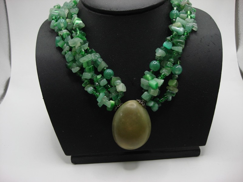 Vintage 4-strand jadeite and mother of pearl necklace with green glass beads and pendant