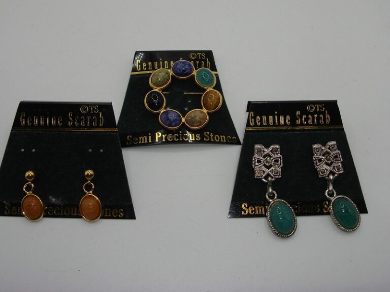 Vintage scarab jewelry set with earrings and brooch, new old stock estate find