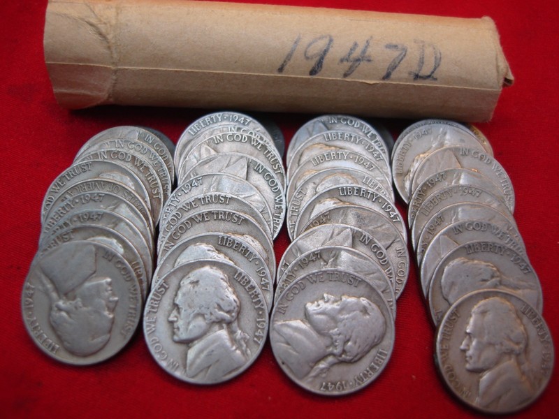 40-coin roll of circulated 1947-D Jefferson nickels