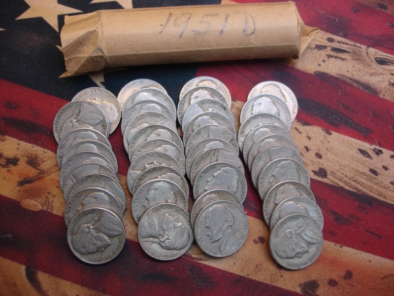 Roll of 40 circulated 1951-D Jefferson nickels