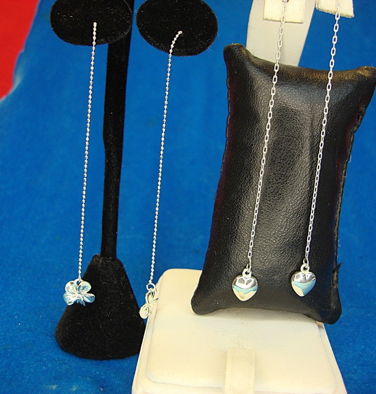 Sterling silver dangle earrings, two pairs, hearts and flowers design, 3 inches long