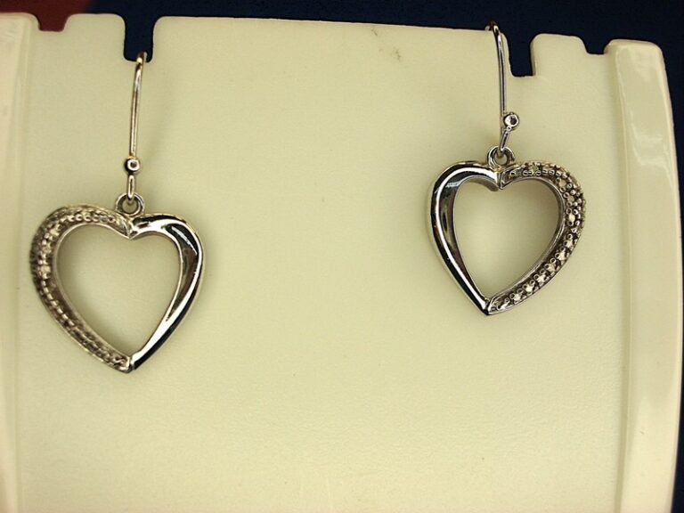 Sterling Silver Dangle Heart Earrings with Diamonds