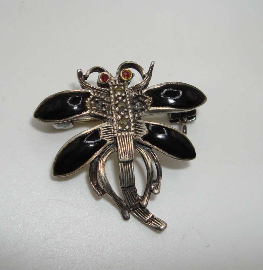 Vintage sterling silver dragonfly pin with onyx and marcasite