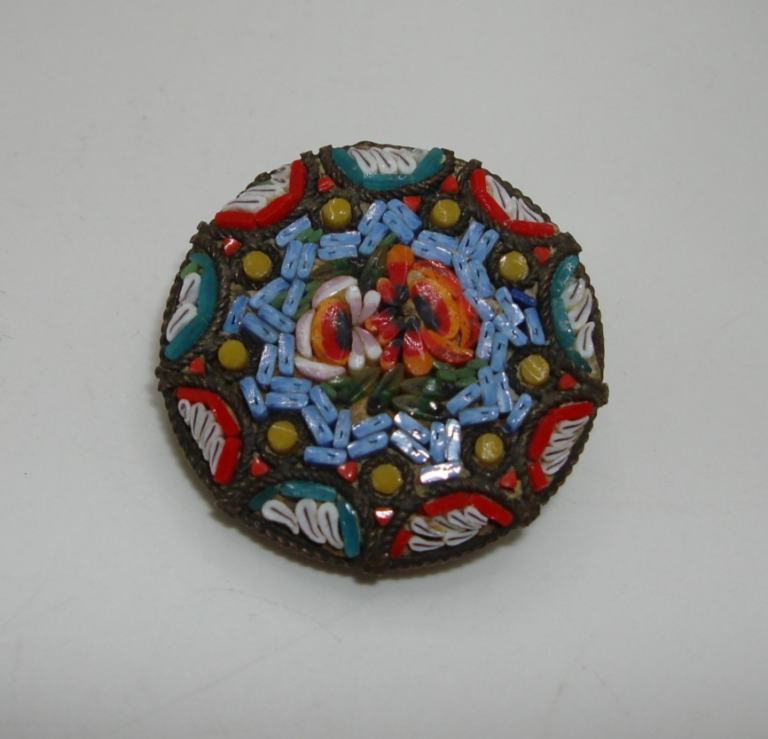 Antique Italian micro mosaic flower pin, brass, 1 inch
