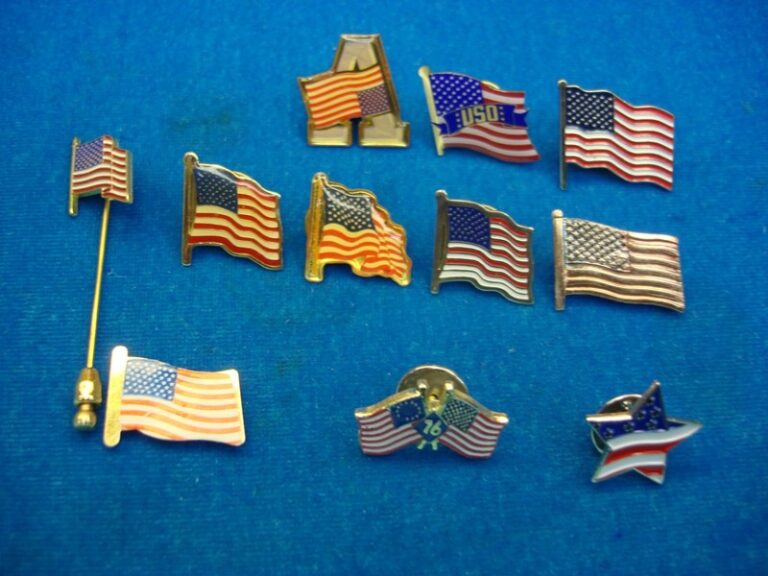 Collection of 10 unique United States flag pins in various styles