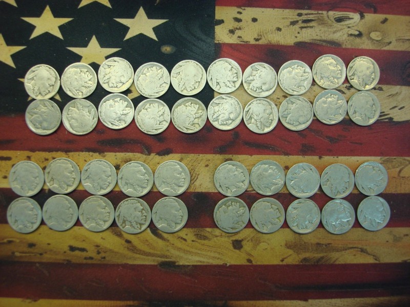 Roll of 40 vintage Buffalo nickels, no date, worn and unpolished