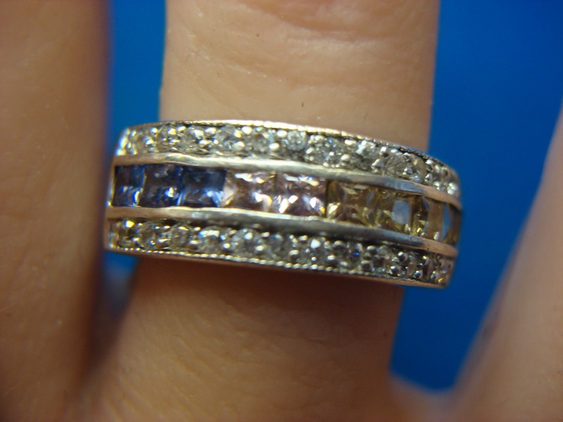 Sterling silver ring with multi-color stones and simulated diamonds, size 5.5