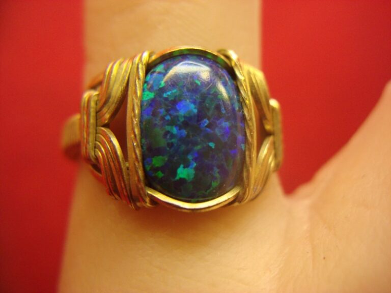 Gold-filled wire wrapped ring with man-made opal, size 8.5