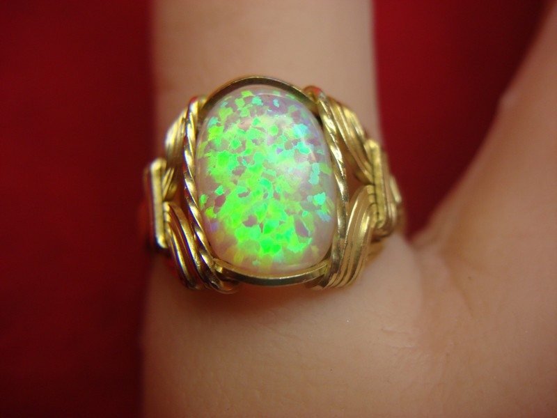 Gold filled wire wrapped ring with man-made opal, size 8.5