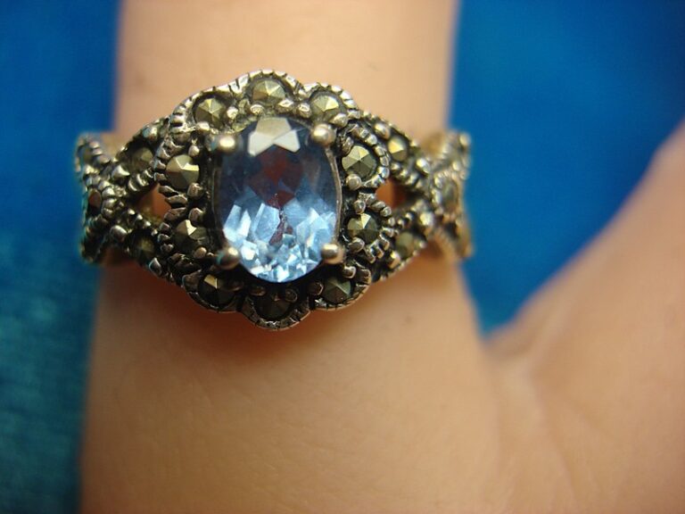 Vintage sterling silver ring with blue topaz and marcasites, size 8