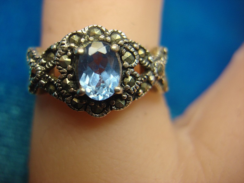 Vintage sterling silver ring with blue topaz and marcasites, size 8