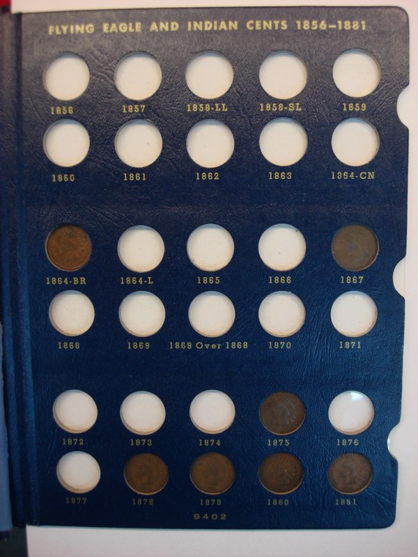 Collection of 35 Indian Head Cent coins from 1864 to 1909 in a Whitman album
