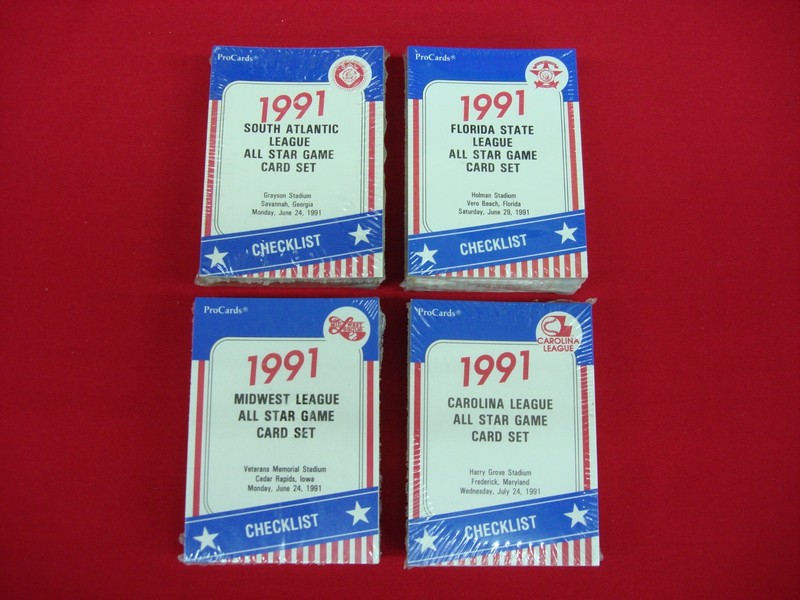 Four factory-sealed 1991 ProCards Minor League Baseball All-Star sets: South Atlantic, Florida, Carolina, and Midwest.