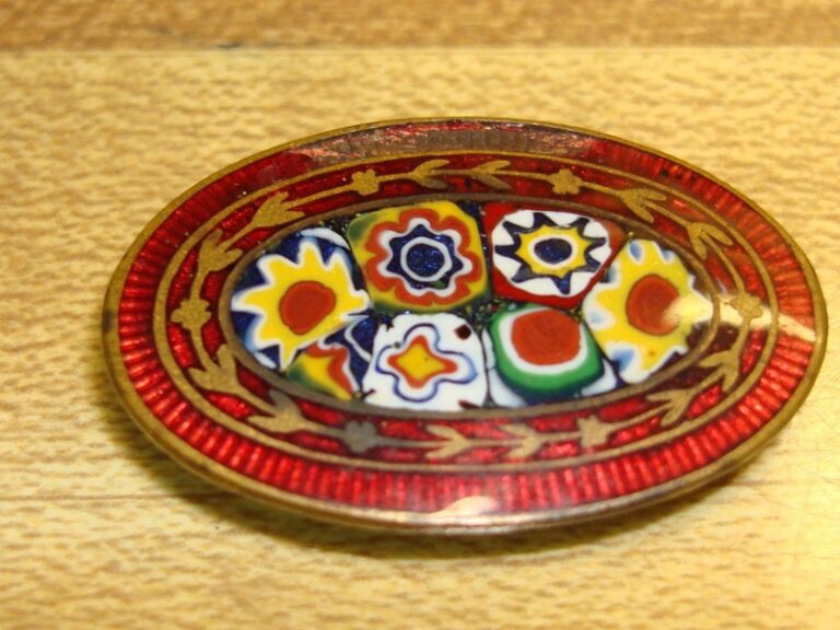 Antique Czechoslovakian sash buckle with micro mosaic floral design and red enamel