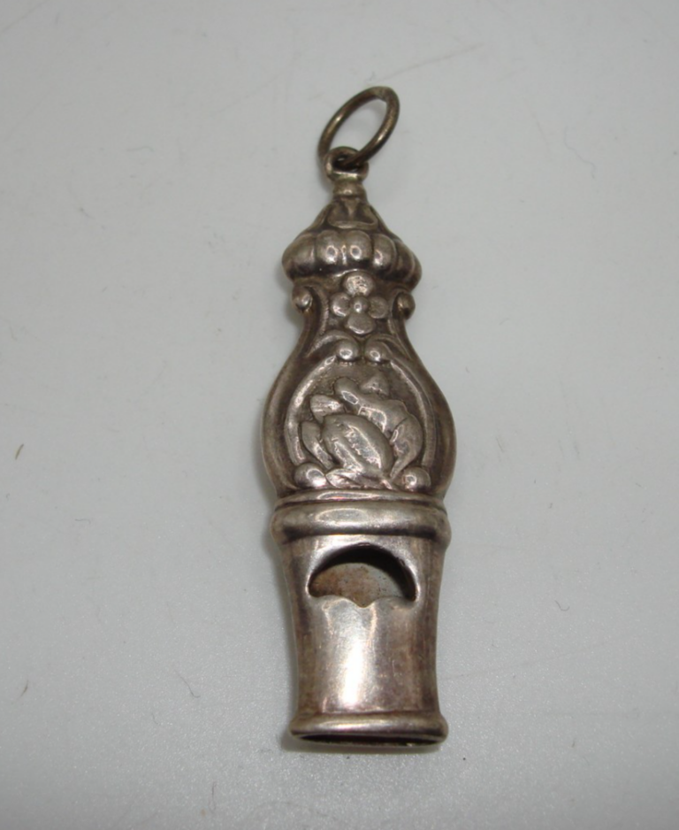 Vintage REO sterling silver repousse whistle charm pendant with intricate floral design