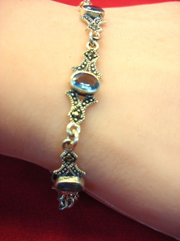 Vintage Sterling Silver Bracelet with Blue Topaz and Marcasites