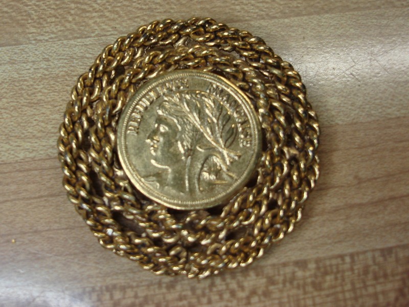 Vintage gold tone faux Republic of France coin brooch