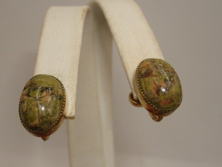 Vintage gold-filled unikite scarab earrings