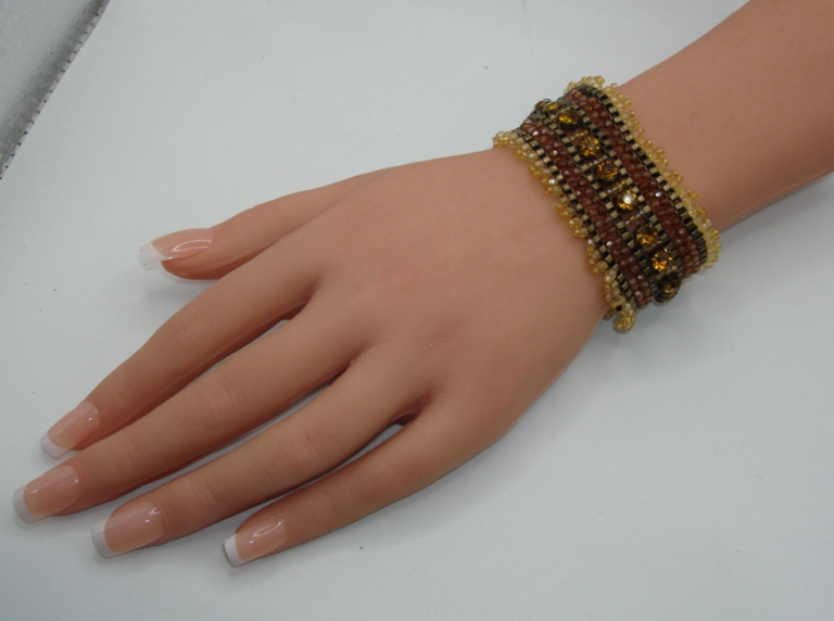 Vintage beaded cuff bracelet with rhinestones, hand-woven glass and metal, 6.5 inches