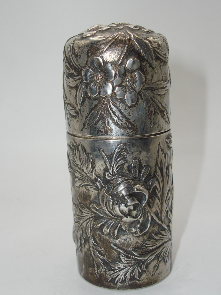 Antique sterling silver repoussé spice box by S. Kirk & Sons